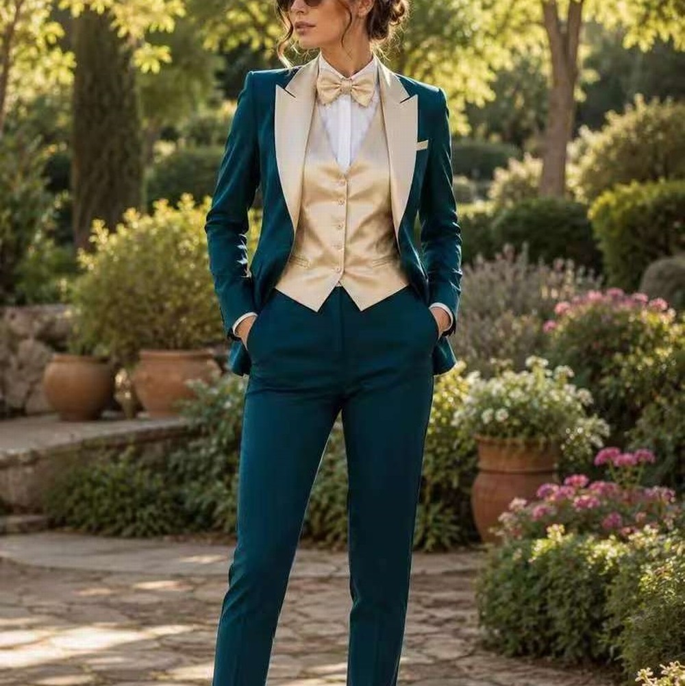 Blazer Set Women Formal - Costume de cérémonie bleu-vert champagne pour