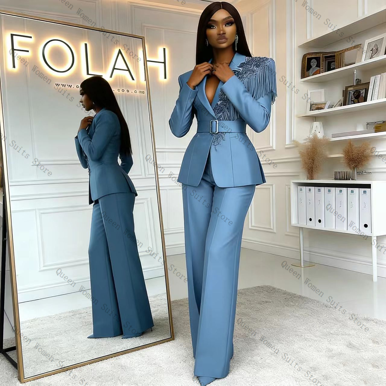 Women Formal Wear Coat - Ensemble pantalon de costume bleu à