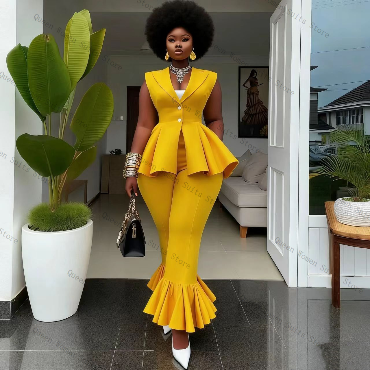 Women Formal Wear Coat - Ensemble pantalon de costume jaune pour