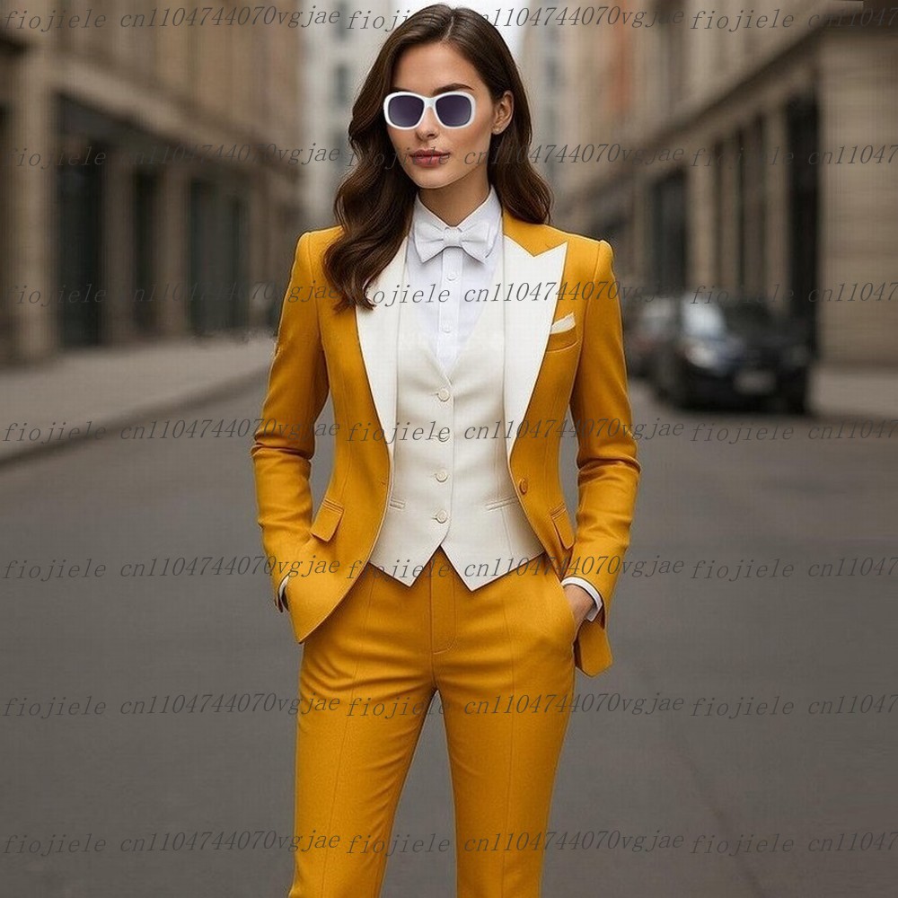 Blazer Set Women Formal - Costume formel jaune et blanc pour