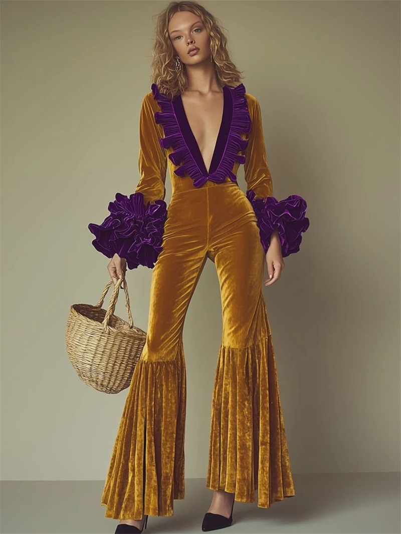 Women'S Formal Wear Wedding Guest - Combinaison Femme en Velours Jaune et